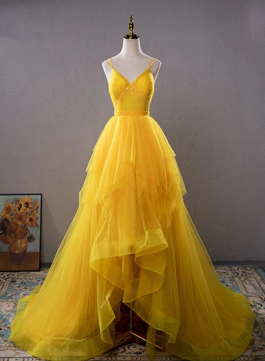 Yellow v neck tulle long prom dress high low long yellow graduation dress ED0821