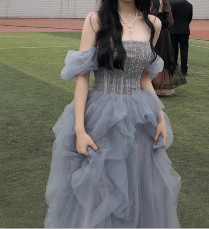 Gray blue beads long prom dress gray tulle formal dress ED0823
