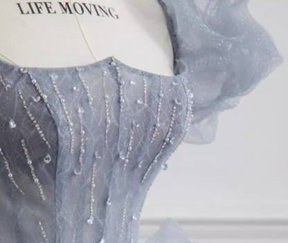 Gray blue beads long prom dress gray tulle formal dress ED0823