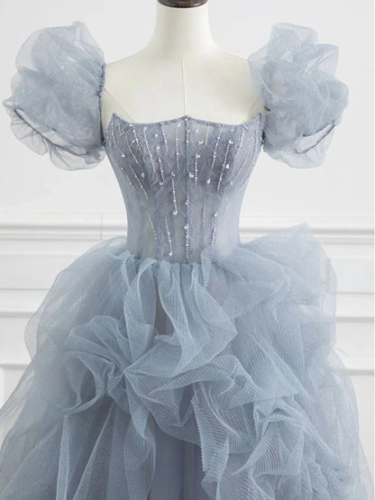 Gray blue beads long prom dress gray tulle formal dress ED0823