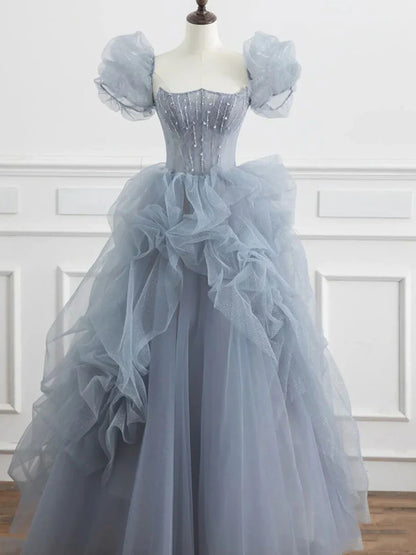 Gray blue beads long prom dress gray tulle formal dress ED0823