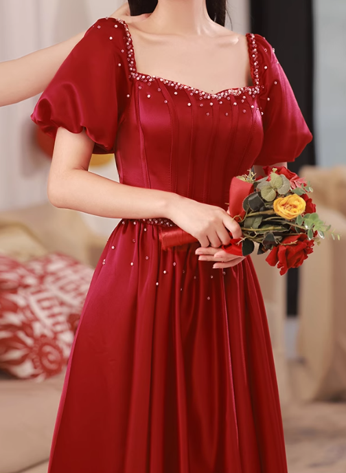 Burgundy A line satin beads long prom dress burgundy evening dress ED0824