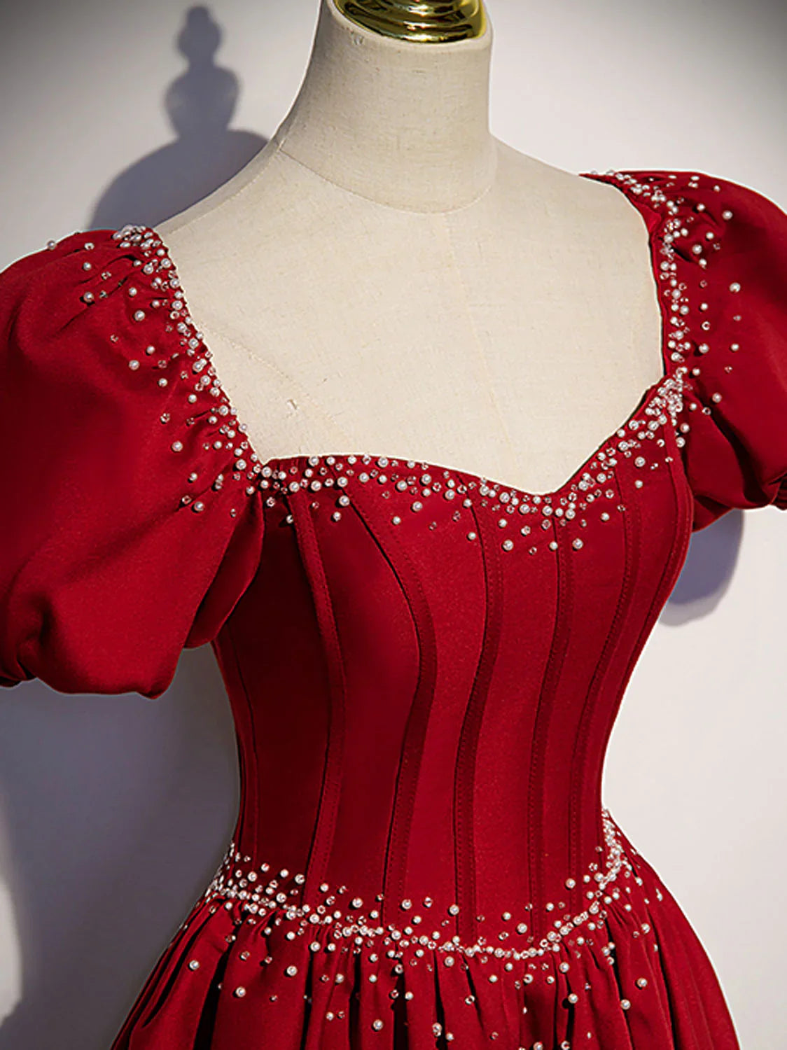 Burgundy A line satin beads long prom dress burgundy evening dress ED0824