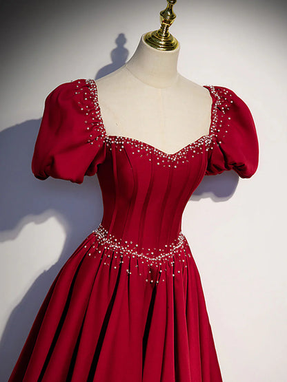 Burgundy A line satin beads long prom dress burgundy evening dress ED0824