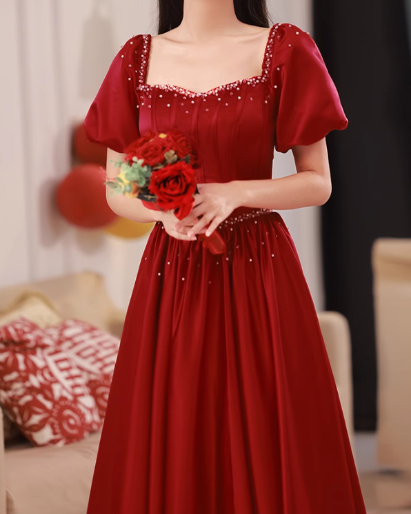 Burgundy A line satin beads long prom dress burgundy evening dress ED0824