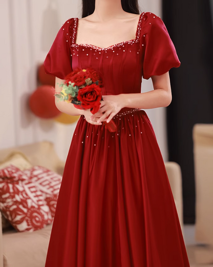 Burgundy A line satin beads long prom dress burgundy evening dress ED0824