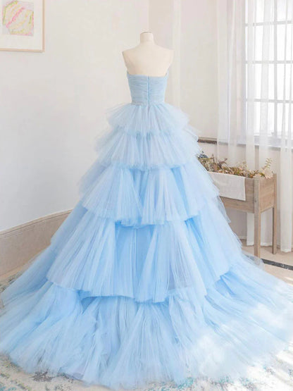 Blue tulle long prom dress blue tulle long evening dress ED0825