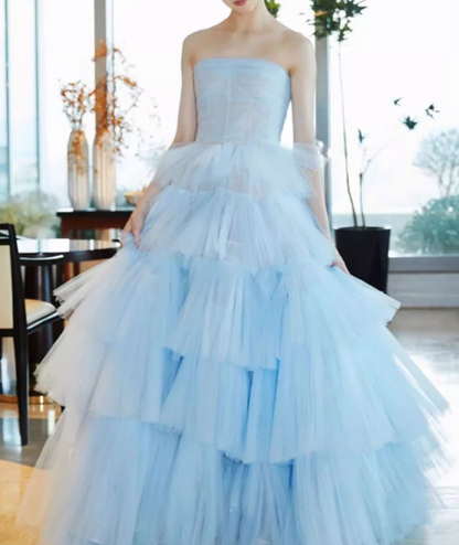 Blue tulle long prom dress blue tulle long evening dress ED0825