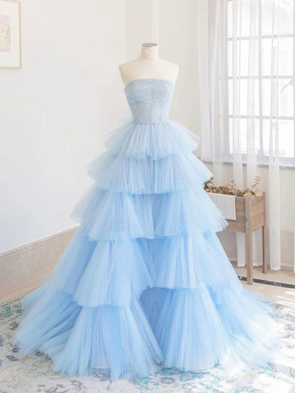 Blue tulle long prom dress blue tulle long evening dress ED0825