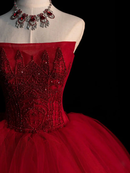 Burgundy tulle beads long prom dress, burgundy tulle wedding dress ED0826