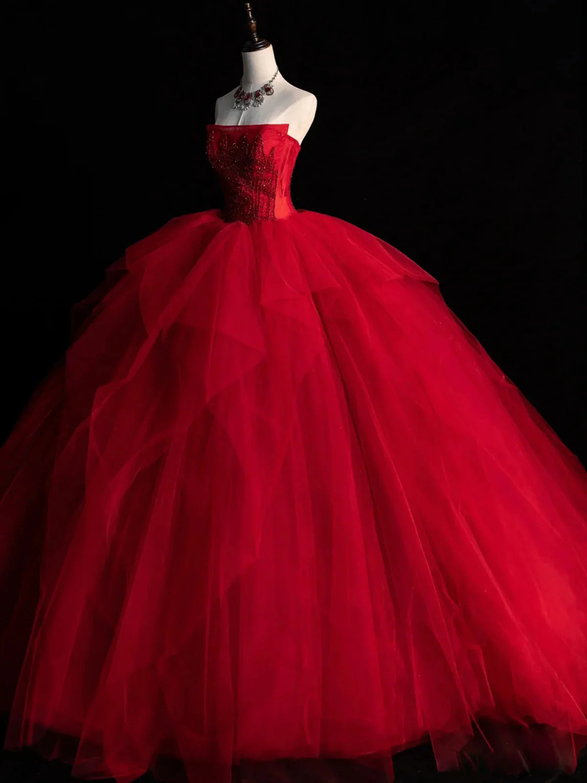 Burgundy tulle beads long prom dress, burgundy tulle wedding dress ED0826