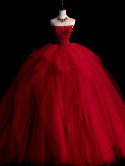 Burgundy tulle beads long prom dress, burgundy tulle wedding dress ED0826