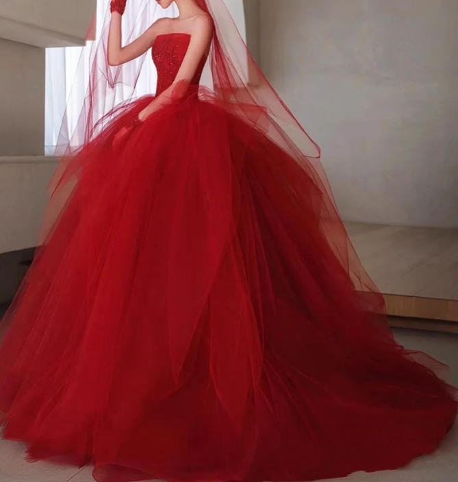 Burgundy tulle beads long prom dress, burgundy tulle wedding dress ED0826