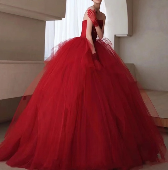 Burgundy tulle beads long prom dress, burgundy tulle wedding dress ED0826