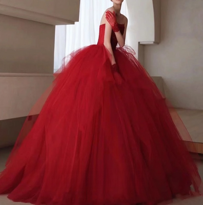Burgundy tulle beads long prom dress, burgundy tulle wedding dress ED0826