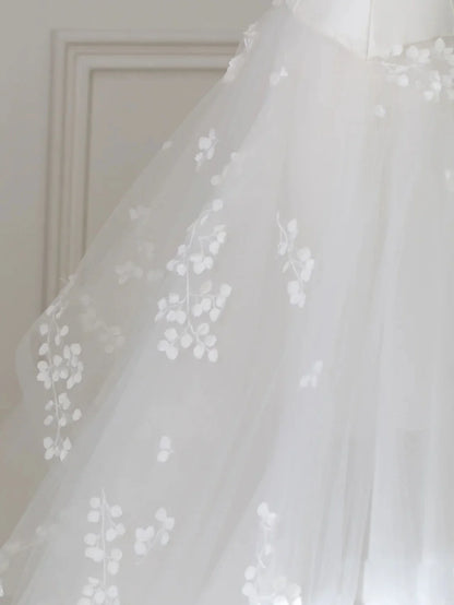 Ivory V Neck Tulle Lace Long Wedding Dress, Ivory Tulle Wedding Gown ED0827