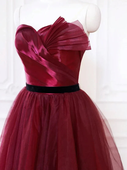 A-Line Sweetheart Neck Tulle Burgundy Long Prom Dress, Burgundy Long Formal Dress ED083