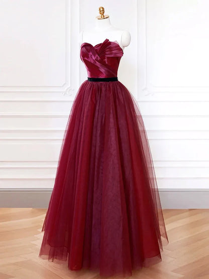 A-Line Sweetheart Neck Tulle Burgundy Long Prom Dress, Burgundy Long Formal Dress ED083