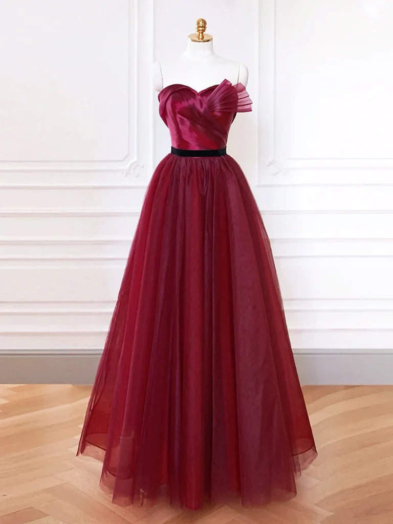 A-Line Sweetheart Neck Tulle Burgundy Long Prom Dress, Burgundy Long Formal Dress ED083