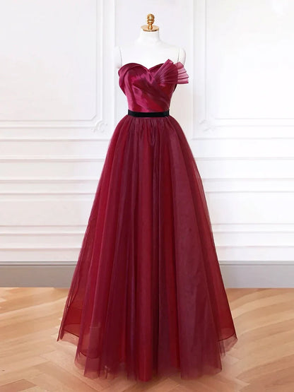 A-Line Sweetheart Neck Tulle Burgundy Long Prom Dress, Burgundy Long Formal Dress ED083