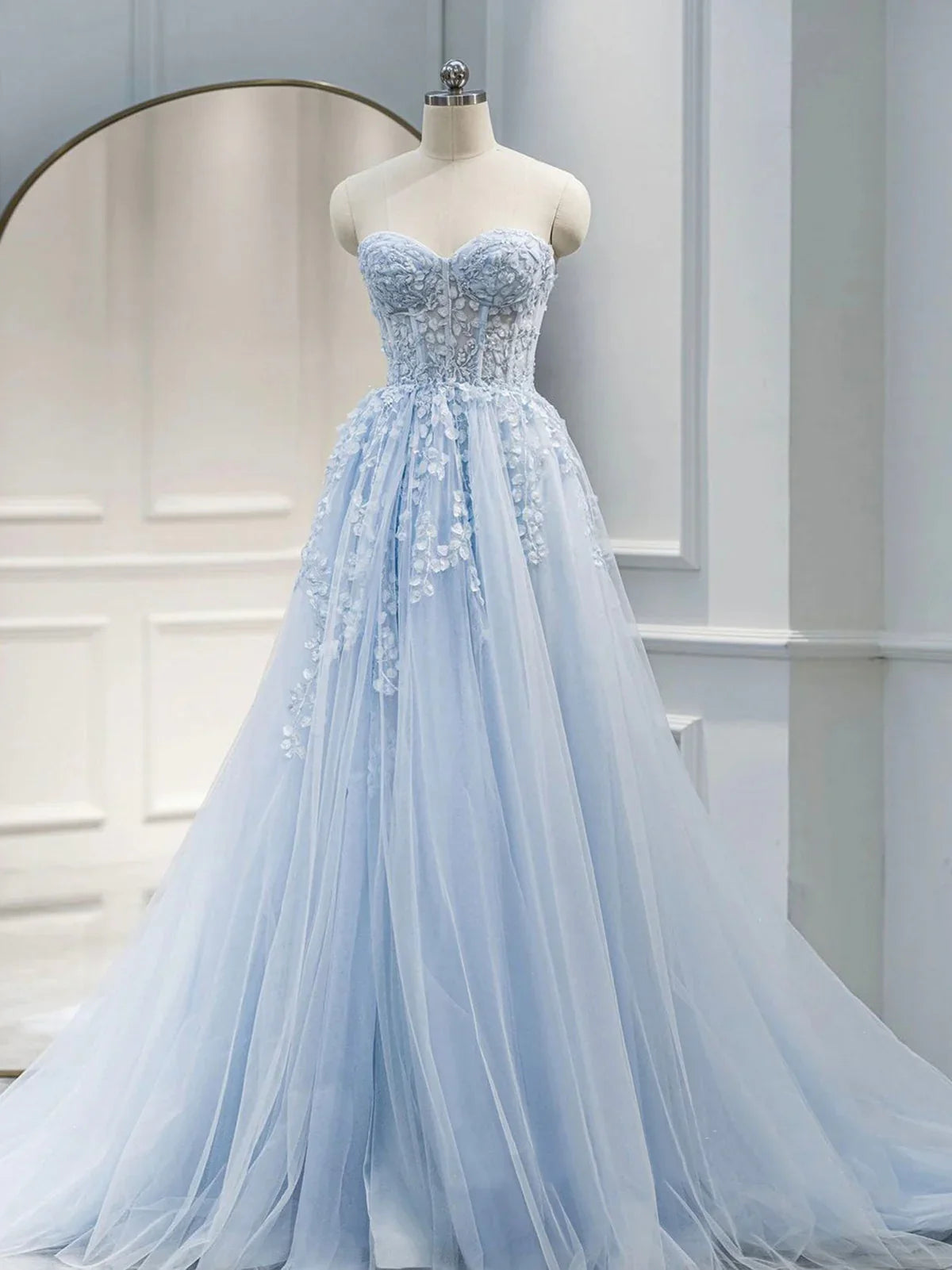 A line Sweetheart Neck Tulle Lace Long Blue Prom Dresses, Lace Formal Graduation Dresses ED0830