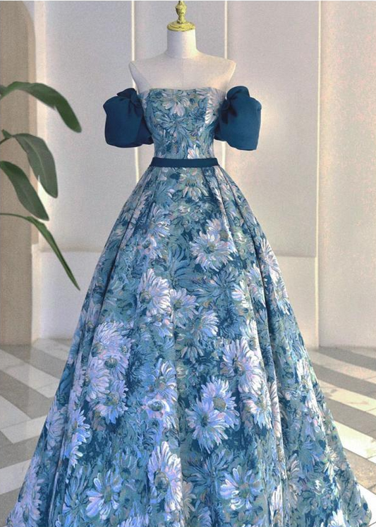 Blue A line satin long prom dress blue long evening dress ED0832