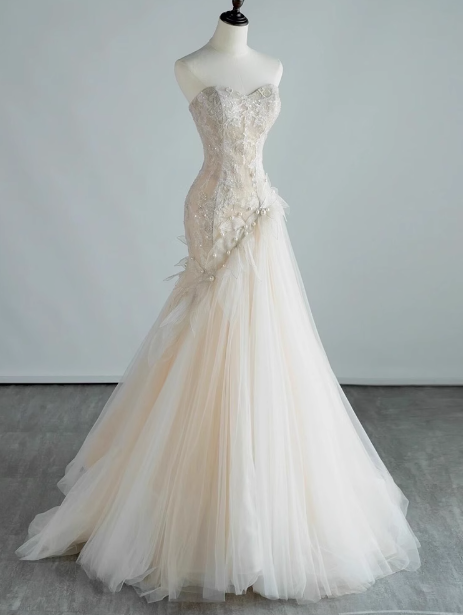 Mermaid Off-white Sweetheart Neckline Tulle lace  dress,  Off-white formal dress ED0833