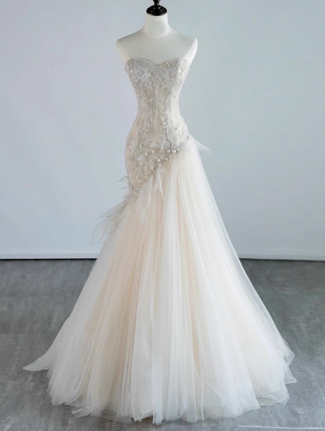 Mermaid Off-white Sweetheart Neckline Tulle lace  dress,  Off-white formal dress ED0833