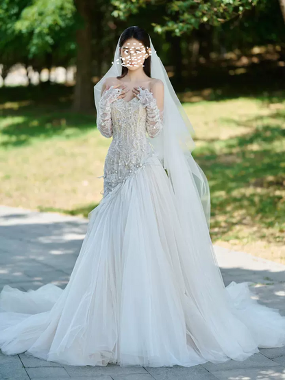 Mermaid Off-white Sweetheart Neckline Tulle lace  dress,  Off-white formal dress ED0833