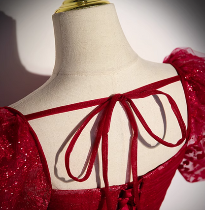 A line burgundy tulle sequin long prom dress, burgundy formal dress ED0834