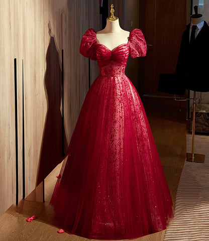 A line burgundy tulle sequin long prom dress, burgundy formal dress ED0834