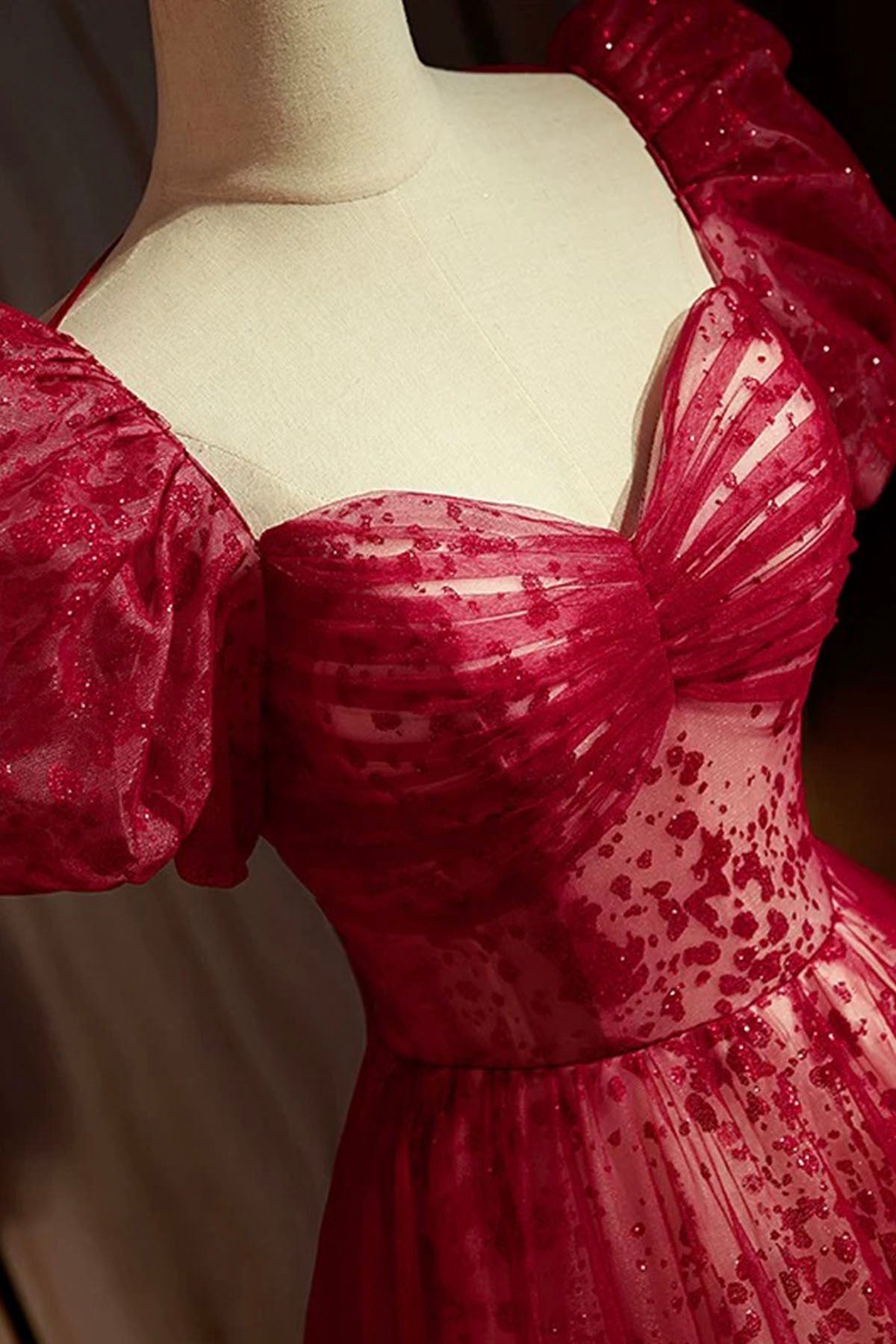 A line burgundy tulle sequin long prom dress, burgundy formal dress ED0834