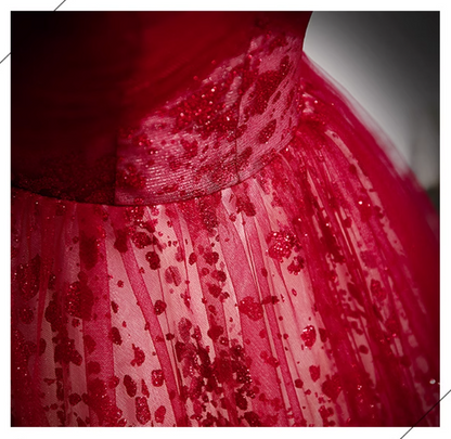 A line burgundy tulle sequin long prom dress, burgundy formal dress ED0834