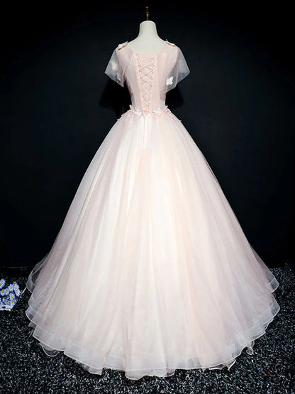 Pink round neck tulle lace long prom dress, pink sweet 16 dress ED0835