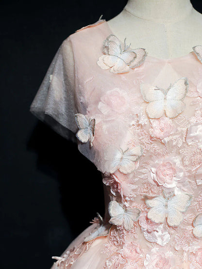 Pink round neck tulle lace long prom dress, pink sweet 16 dress ED0835