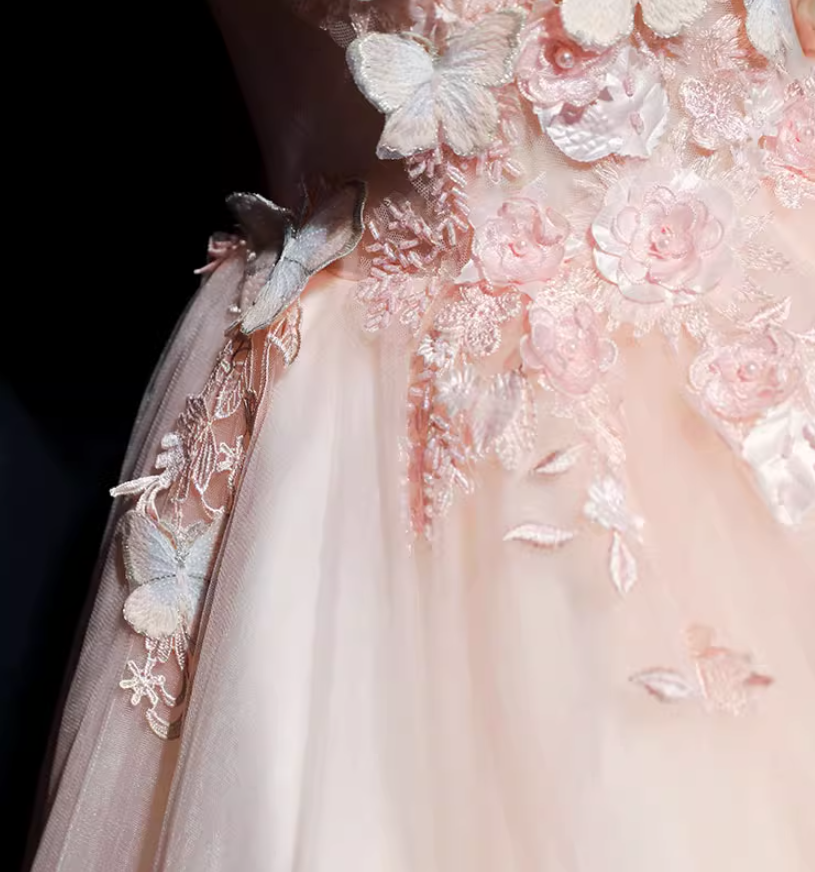 Pink round neck tulle lace long prom dress, pink sweet 16 dress ED0835