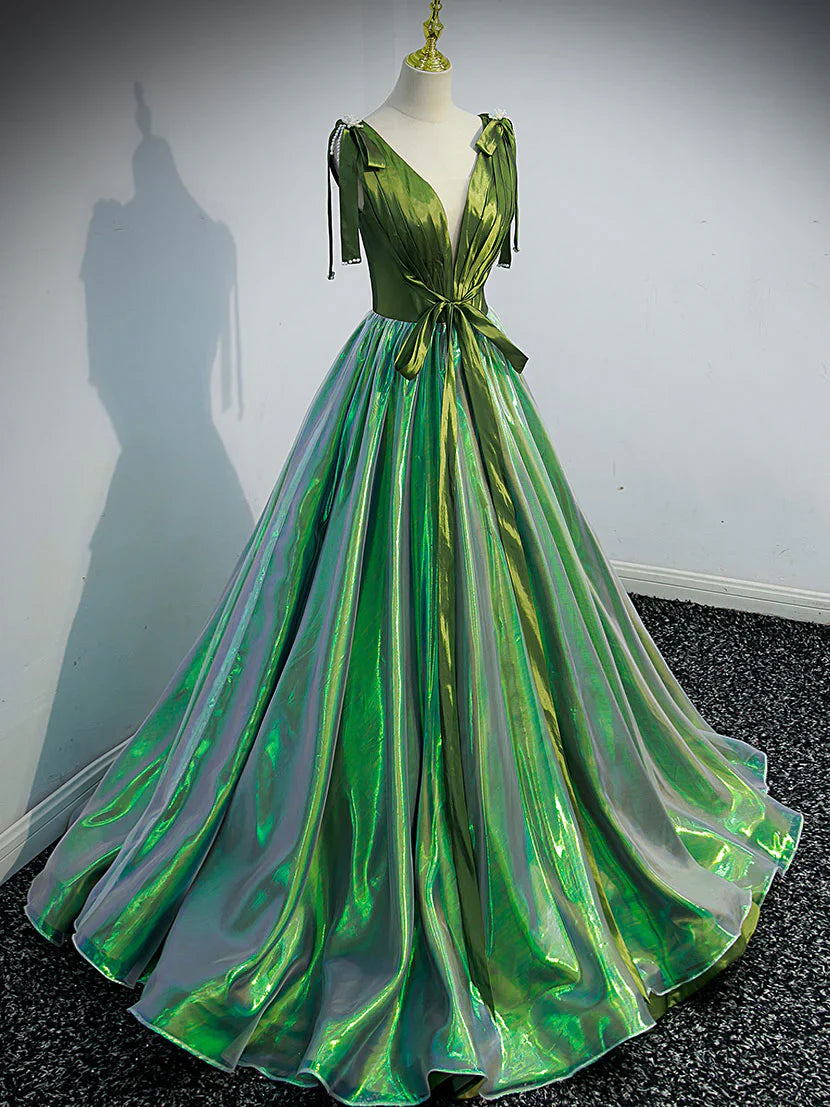 Unique v neck green long prom dress, green formal graduation dress ED0836