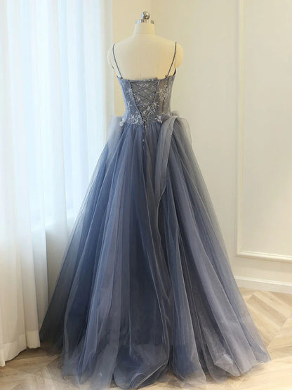 Gray Blue A line lace tulle long prom dress, gray formal evening dress ED0837