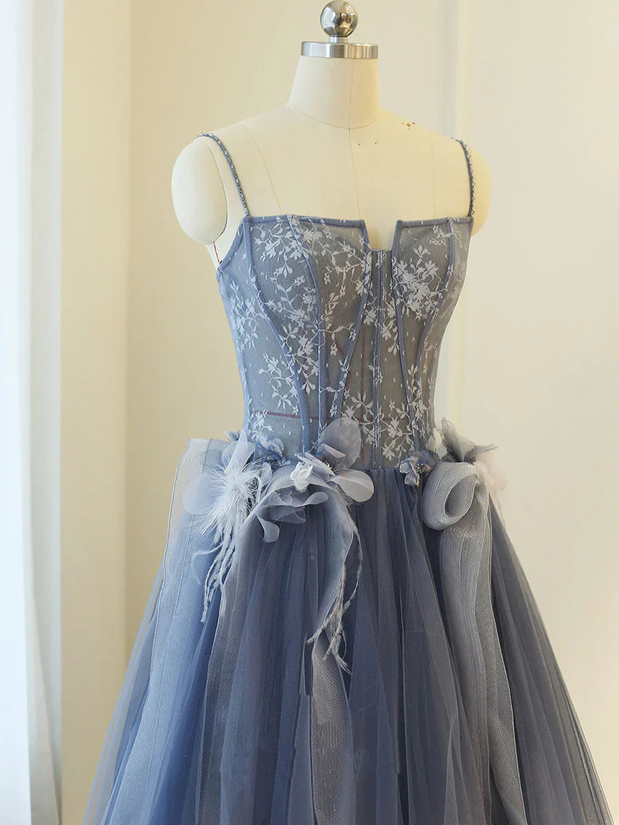 Gray Blue A line lace tulle long prom dress, gray formal evening dress ED0837