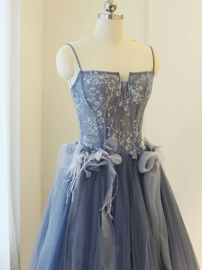 Gray Blue A line lace tulle long prom dress, gray formal evening dress ED0837