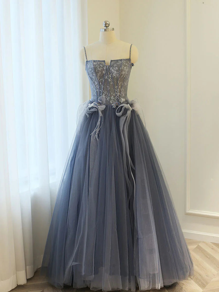 Gray Blue A line lace tulle long prom dress, gray formal evening dress ED0837