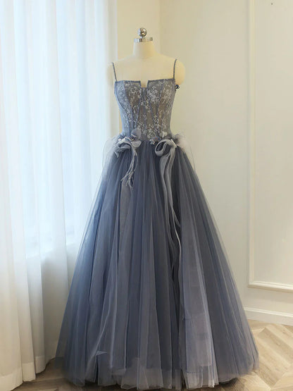 Gray Blue A line lace tulle long prom dress, gray formal evening dress ED0837