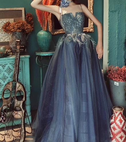 Gray Blue A line lace tulle long prom dress, gray formal evening dress ED0837