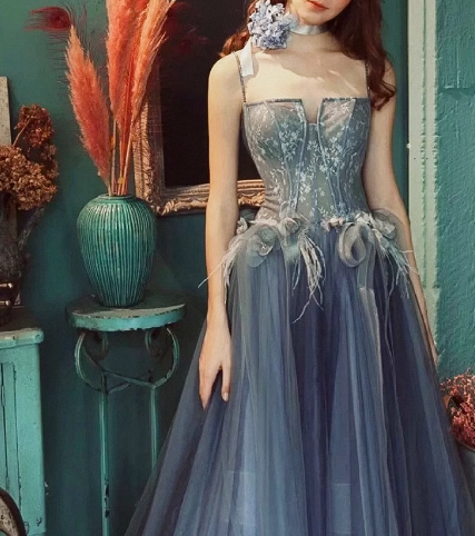 Gray Blue A line lace tulle long prom dress, gray formal evening dress ED0837