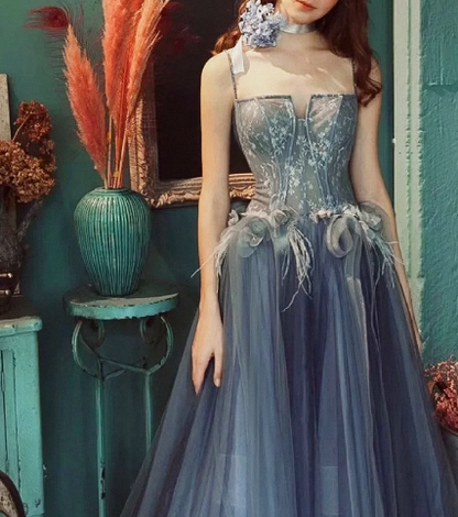 Gray Blue A line lace tulle long prom dress, gray formal evening dress ED0837