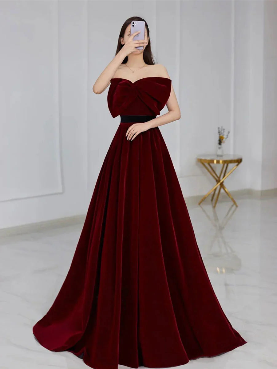 Velvet A line burgundy long prom dress, velvet bridesmaid dresses ED0838