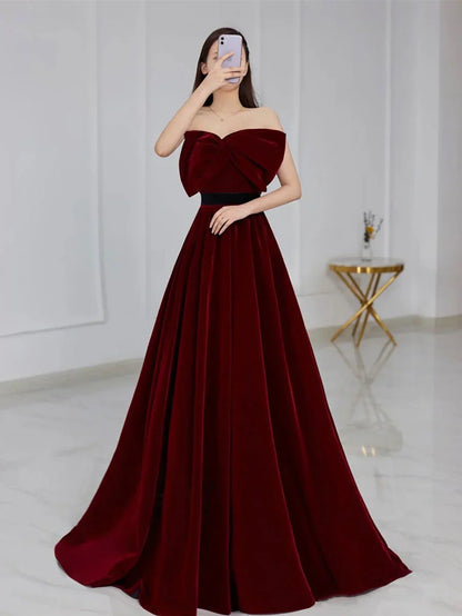 Velvet A line burgundy long prom dress, velvet bridesmaid dresses ED0838