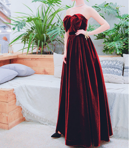 Velvet A line burgundy long prom dress, velvet bridesmaid dresses ED0838