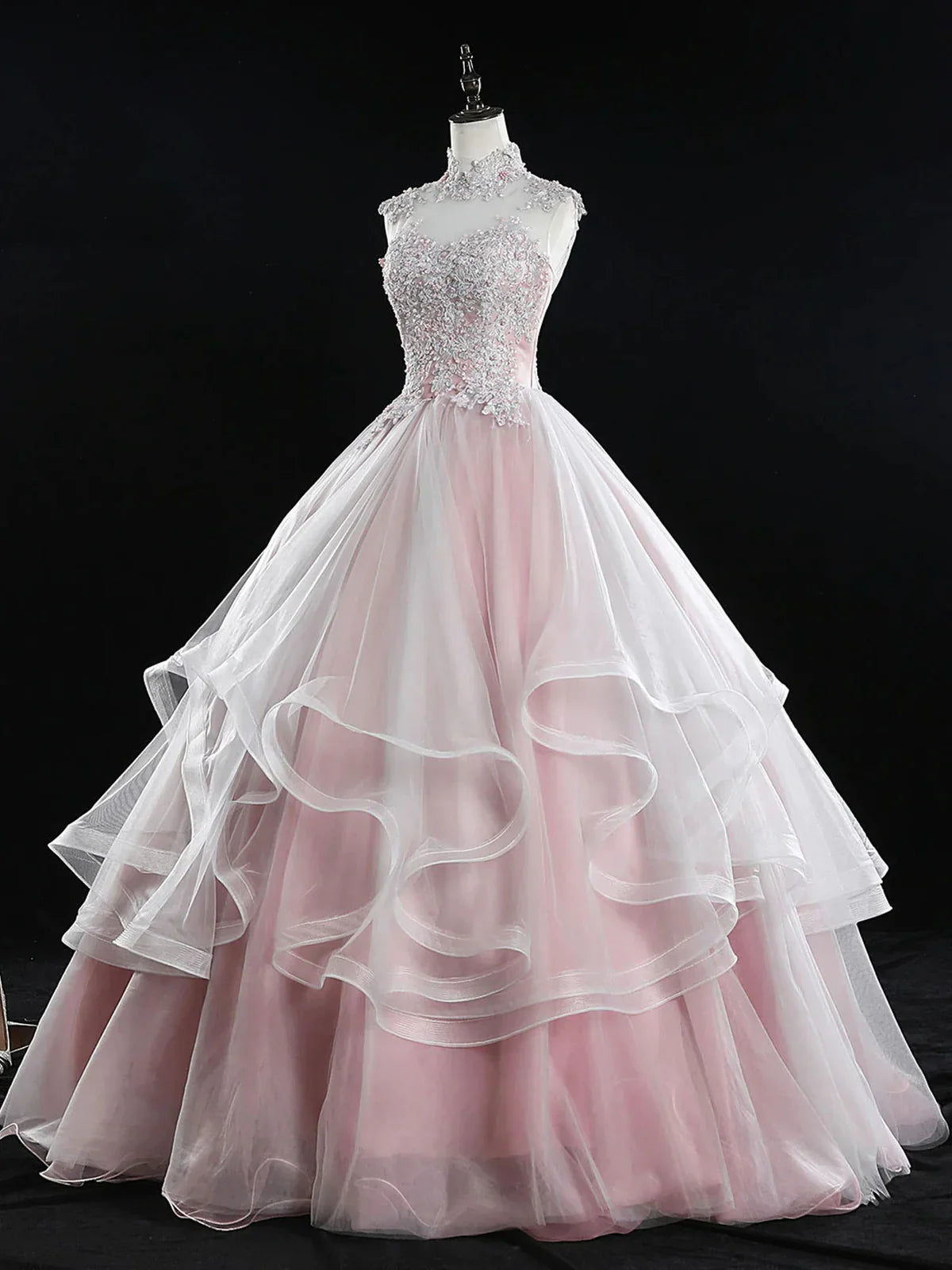 Pink A Line Tulle Lace Long Prom Dress, Pink Sweet 16 Dress ED0839