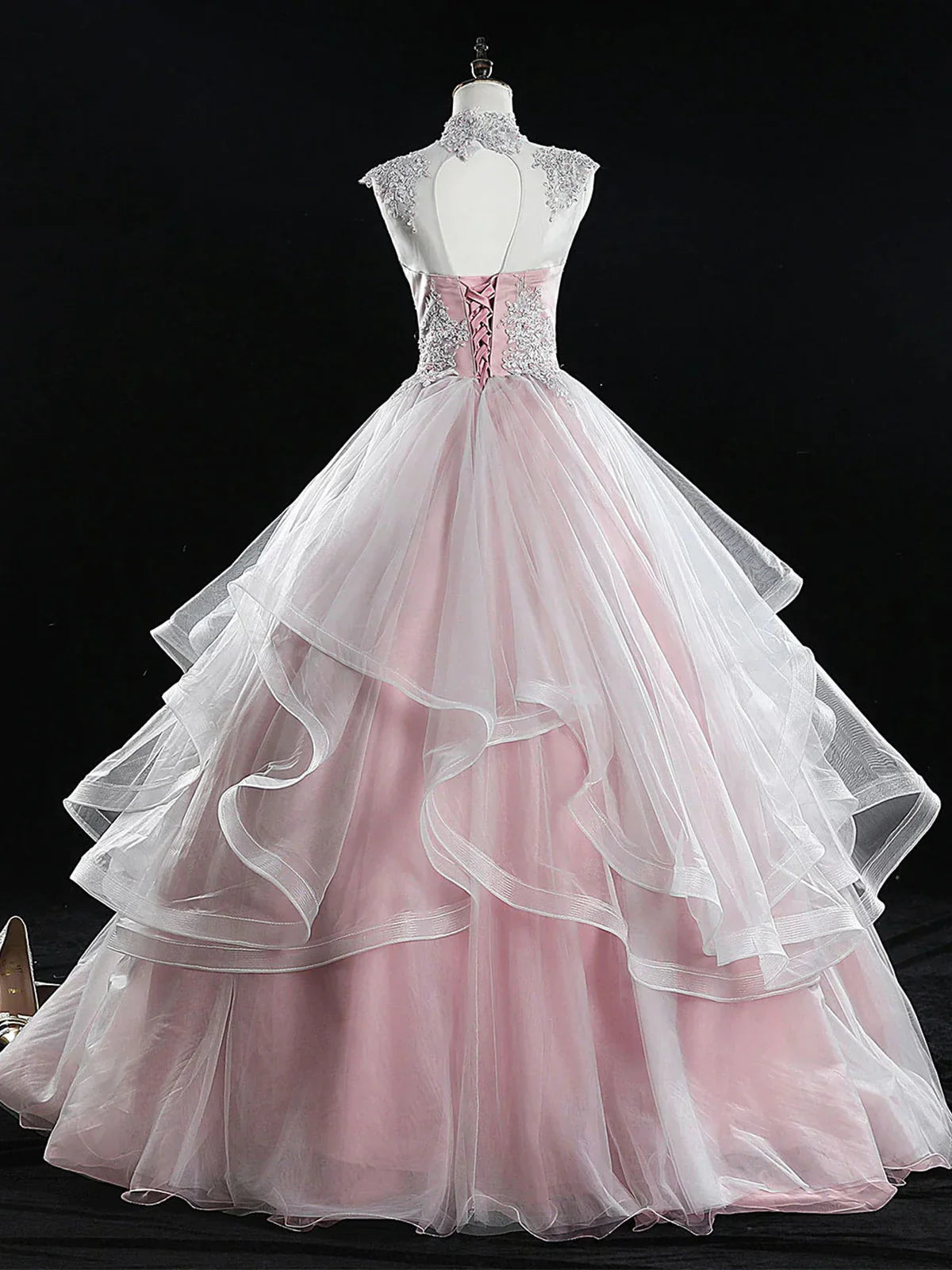 Pink A Line Tulle Lace Long Prom Dress, Pink Sweet 16 Dress ED0839